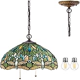 WERFACTORY Tiffany Pendant Light Fixture Sea Blue Stained Glass Dragonfly Hanging Lamp Wide 16 Inch, Height 40 Inch S147 Seri