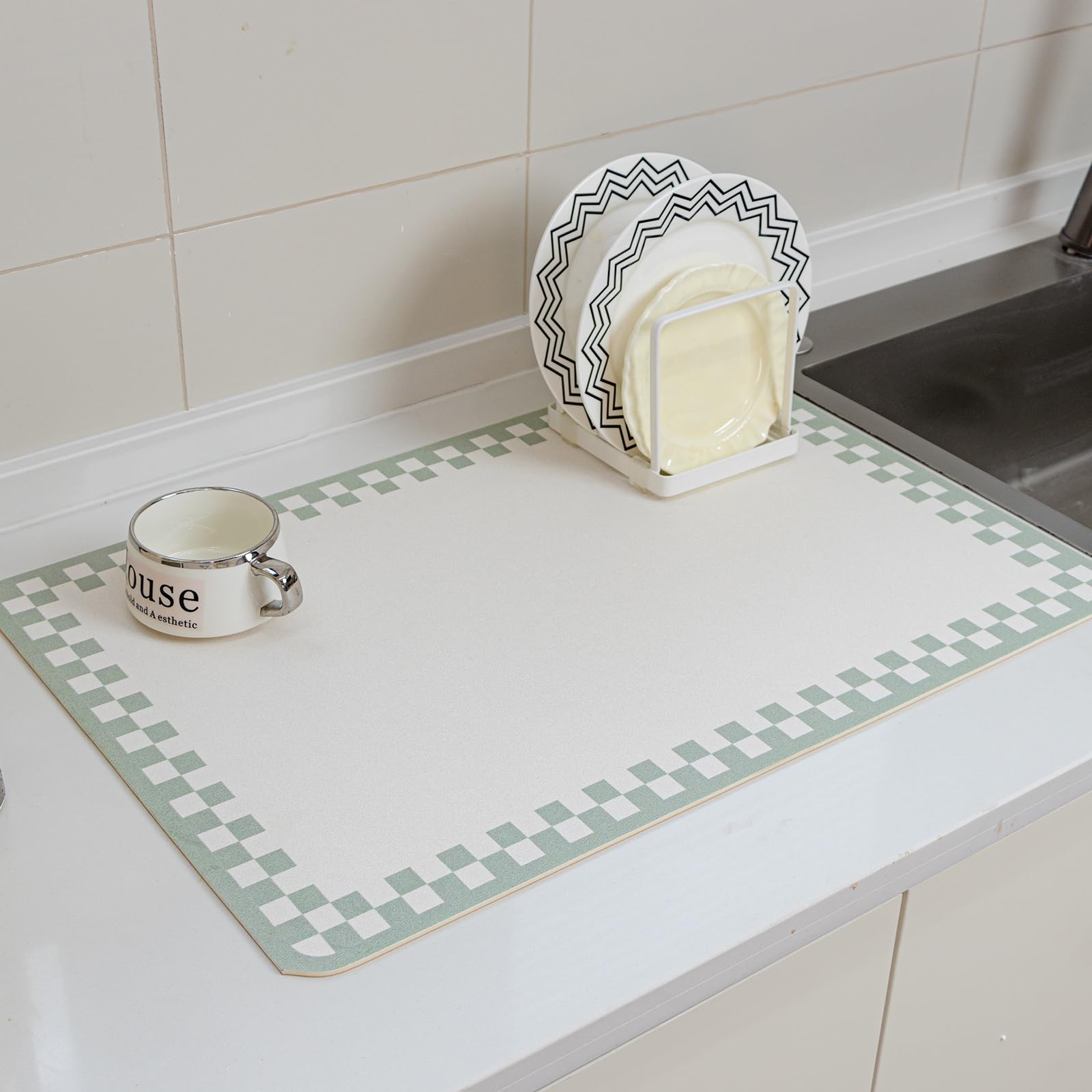 Photo 1 of 2PCS Non-slip Dish Drying Mats Black Sage Beige Checkered Coffee Bar Mat for Countertops 24''x16'',Sage White