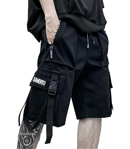 ジャケット・アウター opium darkwear black short cargo jacket2 Gothic Cargo Shorts, Black with Red Straps, Reflective Details
