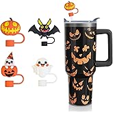 Halloween Straw Covers Cap for Stanley Cup 40&30 Oz, Reusable Silicone Straws Toppers Cute Halloween Design Ghost Pumpkin Bat Straws Tip Funny 10mm 0.4in Reusable Straw Lids for Part Cup Decoration