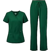 COZYFIT Scrubs for Women - Mock Wrap Top & Straight Leg Pants with 6 Pockets, Back Princess Seams, Soft Fabric