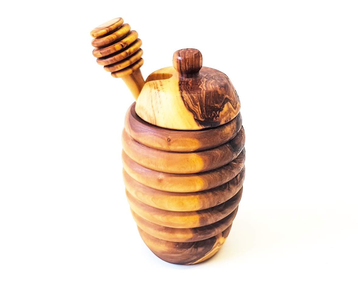 Verano Spanish Ceramics Tunisian Olive Wood Honey Drizzler & Pot with Lid - Sustainably Sourced - Home Dining Room Table Kitchen Restaurant Café Bar - 12cm
