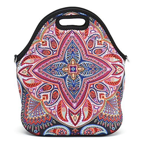 Insulated Neoprene Lunch Bag-Removable Shoulder Strap-X Large Size Reusable Thermal Thick Lunch Tote/Lunch Box/Cooler Bag With Wallet Pouch Fr Adults,Kids,Women,Men Teens,Girls,Baby (Colorful Flowers)