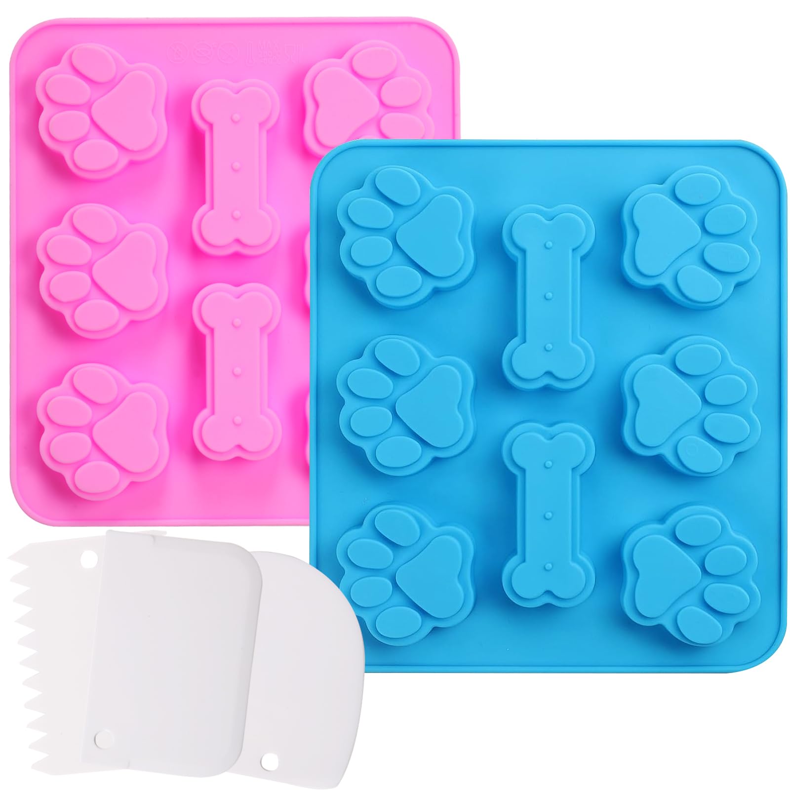 2 Pcs Silicone Dog Treat Moulds Paw Bone Shaped Reusable Ice Cube Trays Making Kit for Baking Chocolate Jelly Cake Biscuit Candy Gummy Cookie Soap Molds DIY Non Stick with 3 Dough Scrapers