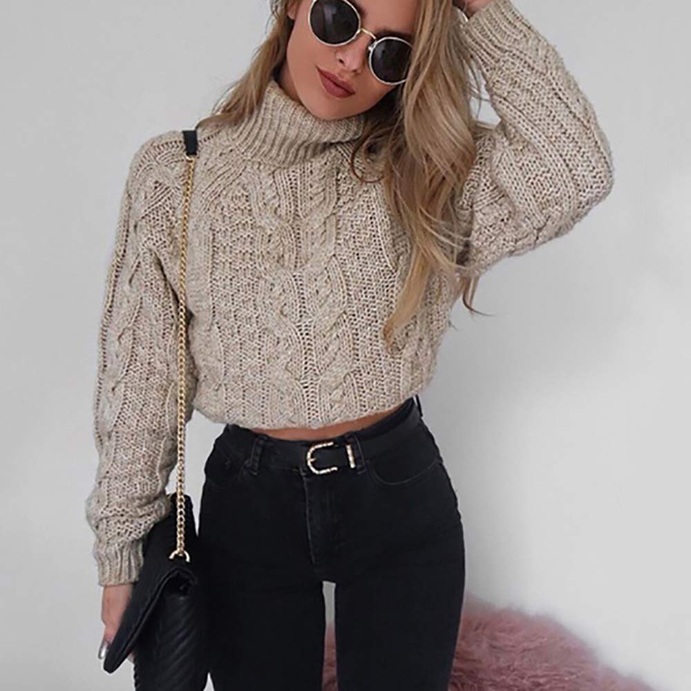 Pevor Womens Casual Turtleneck Long Sleeve Chunky Fall Winter Pullover Jumper Knited Sweater Crop Tops Khaki M