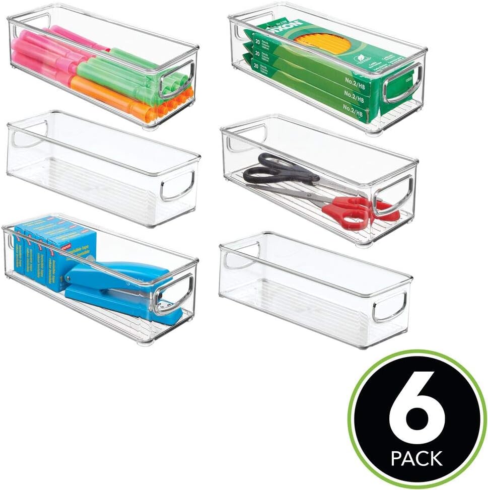 mDesign Plastic Stackable Home Office Storage Organizer Container with Handles for Cabinets, Drawers, Desks, Workspace - BPA Free - for Pens, Pencils, Highlighters, Tape - 10" Long, 6 Pack - Clear : Office Products