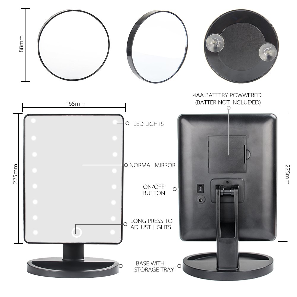 Makeup Mirror - 16 LED Touch Screen Tabletop Vanity Cosmetic Mirrors with Removable 10X Magnifying Mirror Dimming to Adjustable Brightness Power by USB (Black)
