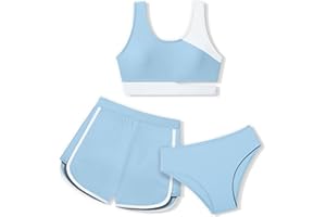 NECIOUS Girls Swimsuit Bikini Set, 3 Piece Girl Bathing Suits Color Block Cutout Swimwear with Shorts Size 7-16
