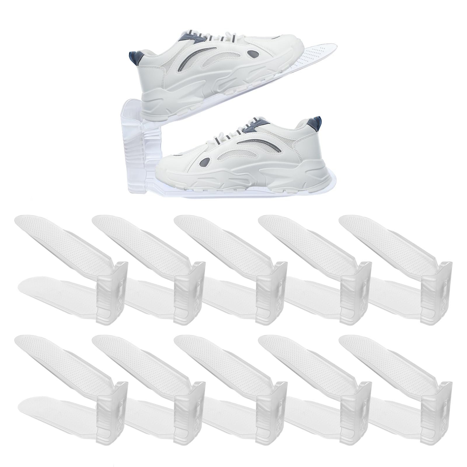 Photo 1 of 10 Pieces Shoe Slot Organizer, Double Layer Adjustable Shoe Rack Storage Rack, Saving Space in Wardrobe and Shoe Cabinet (Clear)
