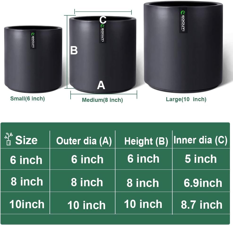 SOGUYI Plant Pots Set Black Matte Ceramic Planter for Outdoor, 8 Inch 10 Inch Flower Pot for Indoor, Planter with Drainage Holes and Plug, Modern Cylinder Planter for Home, Garden, Balcony, Office : Kitchen & Dining