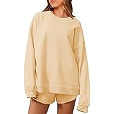 Tankaneo Womens Oversized 2 Piece Outfits Sweatsuit Casual Long Sleeve Crewneck Sweatshirts Sweat Shorts Fall Lounge Sets