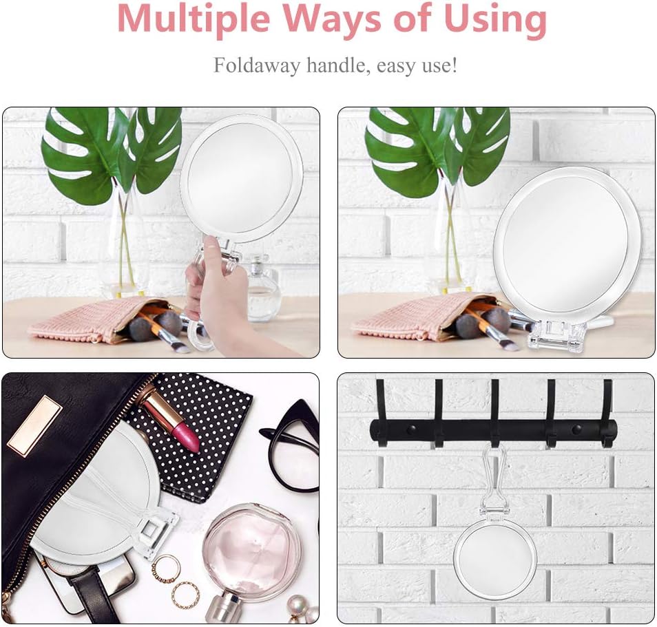 Cheftick Double Sided Hand Held Mirror - 1X & 7X Magnifying Travel Makeup Mirror with Adjustable Folding Handle, Portable, Transparent & Round (6"): Furniture & Decor