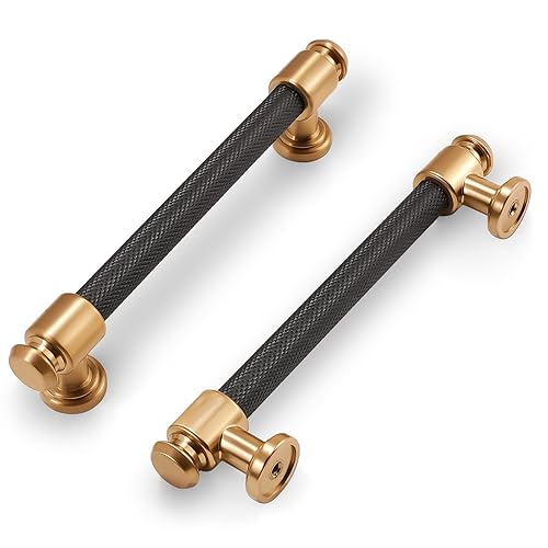 POVEFONK 10 Pack 5 inch(128mm) Black and Champagne Bronze Kitchen Cabinet Handles Knurled Cabinet Pulls Black Drawer Pulls Kitchen Cabinet Hardware