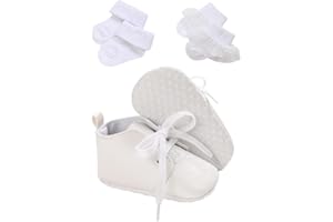 TJCONETJC Baby Baptism Shoes & Socks, Boys Girls Infant Toddler, Soft Sole White Christening Sneaker Socks, 3PC