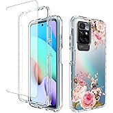 Vavies Case for Redmi 10 (2021/2022)/Redmi 10 Prime 21121119SG Case with Tempered Glass Screen Protector, Full Body Clear with Floral Protection Phone Cover Case for Xiaomi Redmi 10 2022 (rose flower)