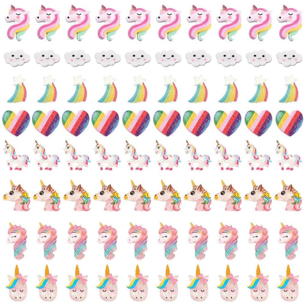 SUNNYCLUE 80Pcs 8 Styles Unicorn Rainbow Theme Resin Flatback Cabochons Glitter Sequin Slime Beads Jewelry Making Crafts Supplies for DIY Phone Decor Embellishments Hair Costume Accessories