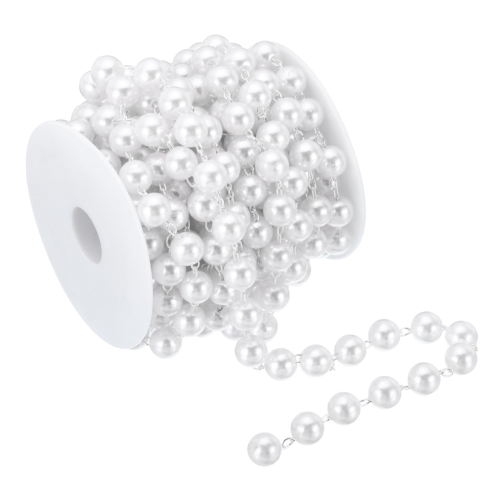 PATIKIL 5m/16 Feet Faux Pearl Beading Chain with Spool, 10mm Brass Chain Link for Decoration Making DIY Accessories Style 1, Light Silver