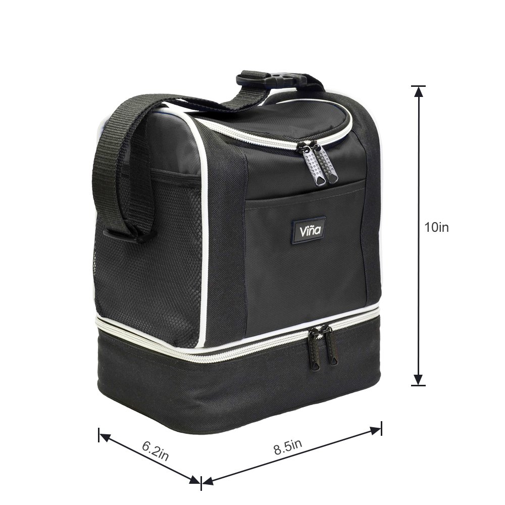 Vina Insulated Lunch Bag, Dual Compartment Reusable Bento Lunch Box Cooler Tote with Shoulder Strap for Adult and Kids, Black