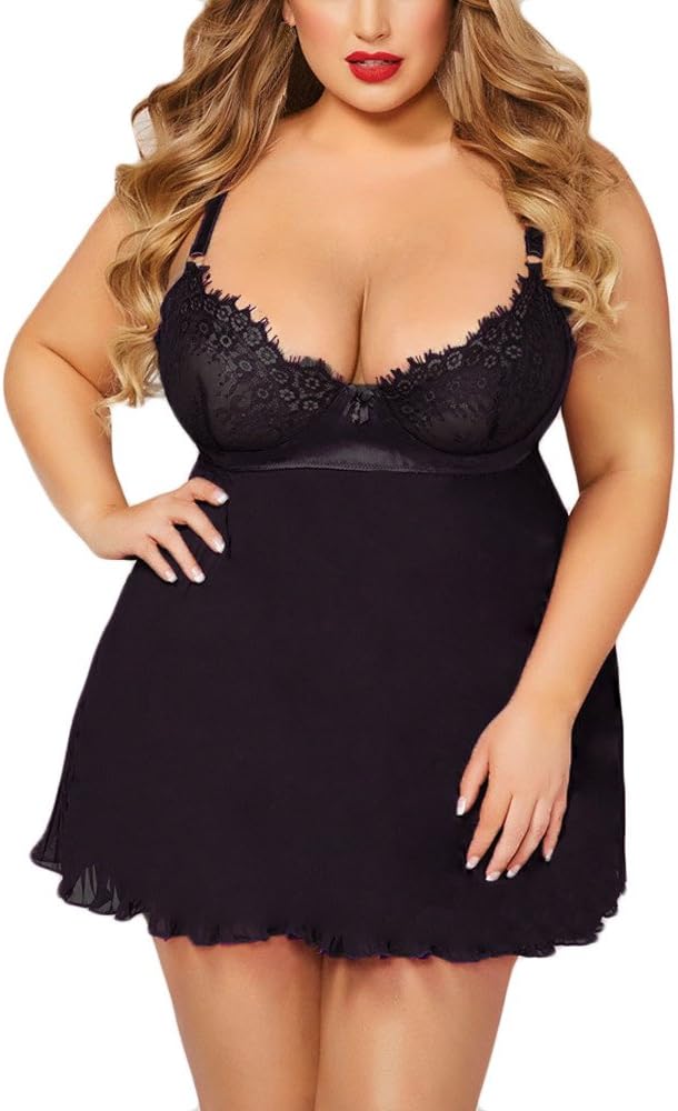 Oasisocean Women's Plus Size Lingeries Open Back Lace Babydoll Sleepwear Deep V Neck Bodysuit + G-String Nightwear