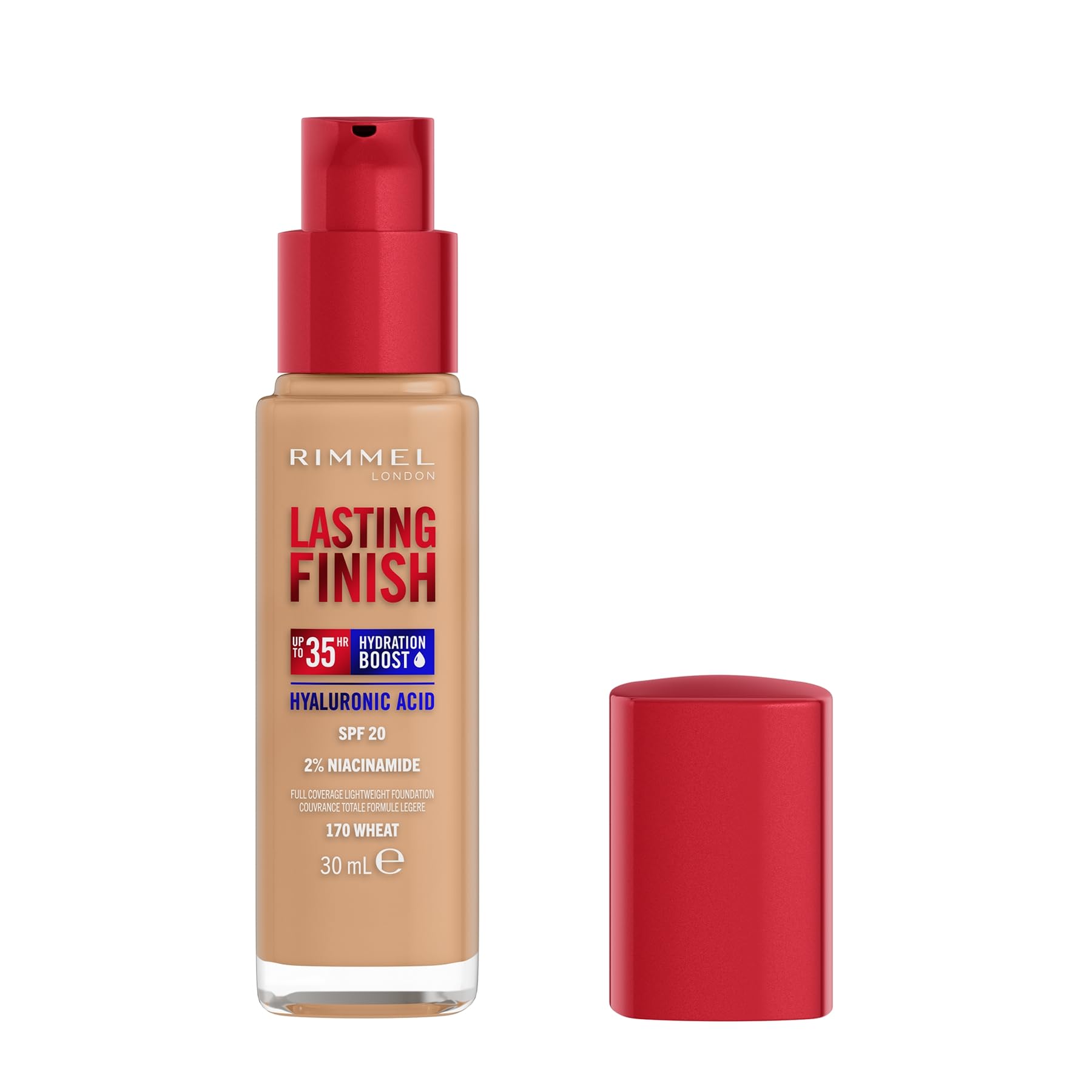 Rimmel Lasting Finish 35Hr Foundation 170 Wheat, Full Coverage, Hydrating, SPF20, Hyaluronic Acid, Vitamin E, 2% Niacinamide, All Day Wear, Vegan, Cruelty Free
