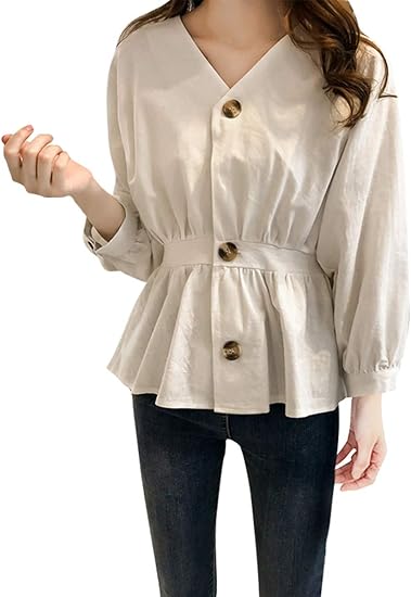 Amazon Binse ブラウス レディース シャツ 長袖 プルオーバー Vネック 裾フリル トップス おしゃれ 春 シャツ ブラウス 通販