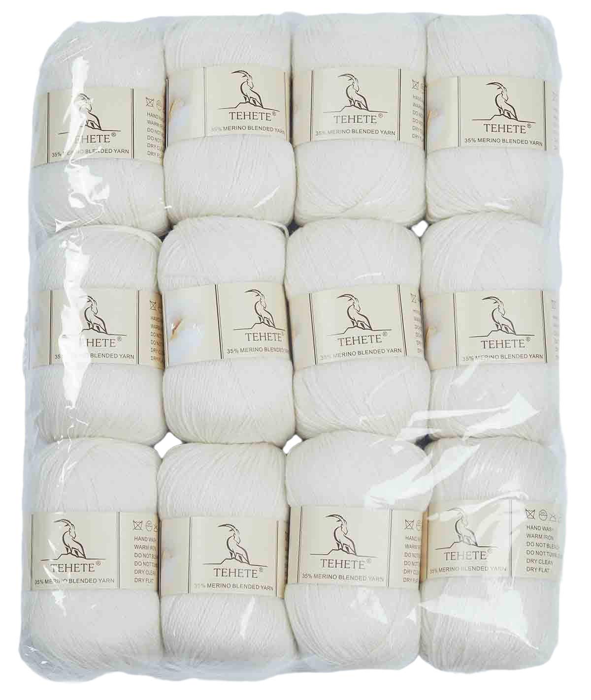TEHETE Merino Wool Yarn for Knitting and Crochet 12x50g 35% Merino Blended Yarn 3ply Soft, Set of 12-White