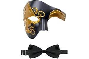 HyperFun Mens Masquerade Mask Phantom of The Opera Half Face Mask with Bowtie, Vintage Venetian Masks for Costume Party