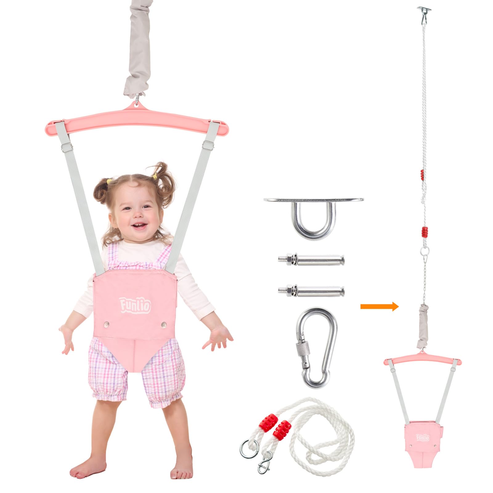 Photo 1 of FUNLIO Baby Jumper with a Ceiling Hook for 6-24 Months, Baby Door Jumper for Indoor/Outdoor Play, Infant Jumper Doorway with Adjustable Chain, Easy to Assemble & Store (with a Ceiling Hook) - Pink