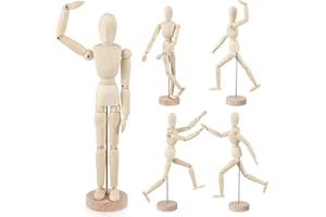 Hiboom 4 Pcs 12'' Artists Wooden Manikin Wooden Mannequin Figure Posable Drawing Figure Flexible Articulated Human Mode Body with Base for Home Office Desk Sketching Painting Gift