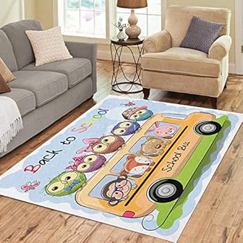 Pinbeam Area Rug School Bus and Four Cute Cartoon Animals Five Home Decor Floor Rug 2' x 3' Carpet