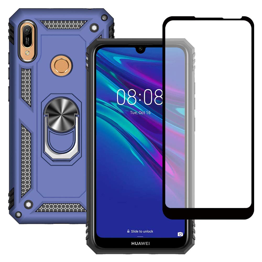 Yiakeng Huawei Y6 2019 Phone Case with Screen Protector, Silicone Shockproof Military Grade Protective Phone Cover with Ring Kickstand for Huawei Y6 2019 (Blue)