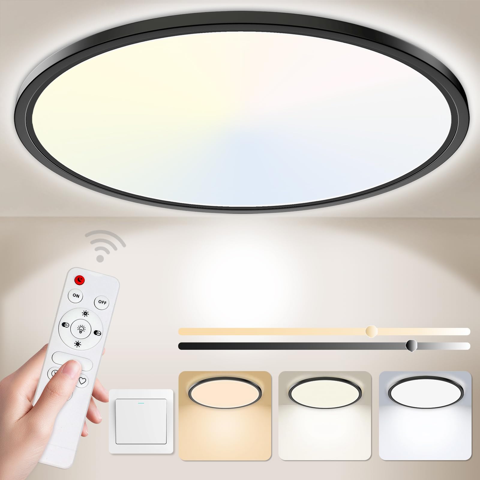 Yexati Bathroom Light 24W 3200LM 30cm Dimmable with Remote Control 6500K-3000K, IP54 LED Bathroom Light Ultra Thin Flush Ceiling Light Round for Kitchen Toilet Porch Bedroom Utility Room Black