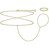 MOINSPIRE Gold Hand Chain Bracelet for Women-3PCS 14K Gold Plated Trendy Dainty Adjustable Stackable Tennis Link Ring Bracelet Hand Chain, Elastic Beaded Rings Non Tarnish Jewelry Gift for Women