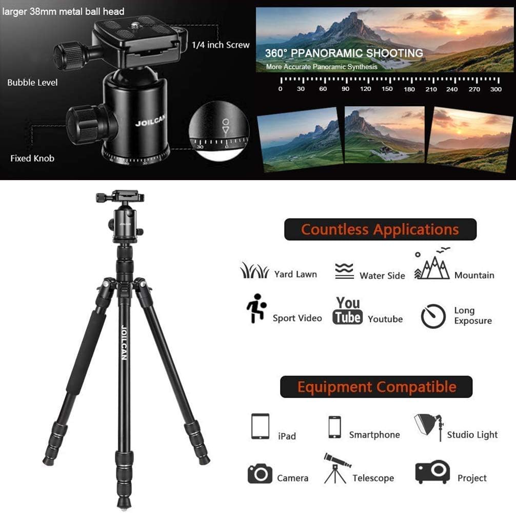 Joilcan 80-inch Tripod for Camera, Aluminum Tripod for DSLR, Monopod, Lightweight Tripod with 360 Degree Ball Head Stable for Travel and Work 18.5"-80", 19lb Load (Black) : Camera & Photo