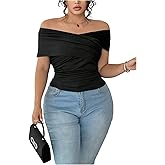 SOLY HUX Women's Plus Size Off The Shoulder Tops Criss Cross Wrap Ruched T Shirt Short Sleeve Slim Fit Tee
