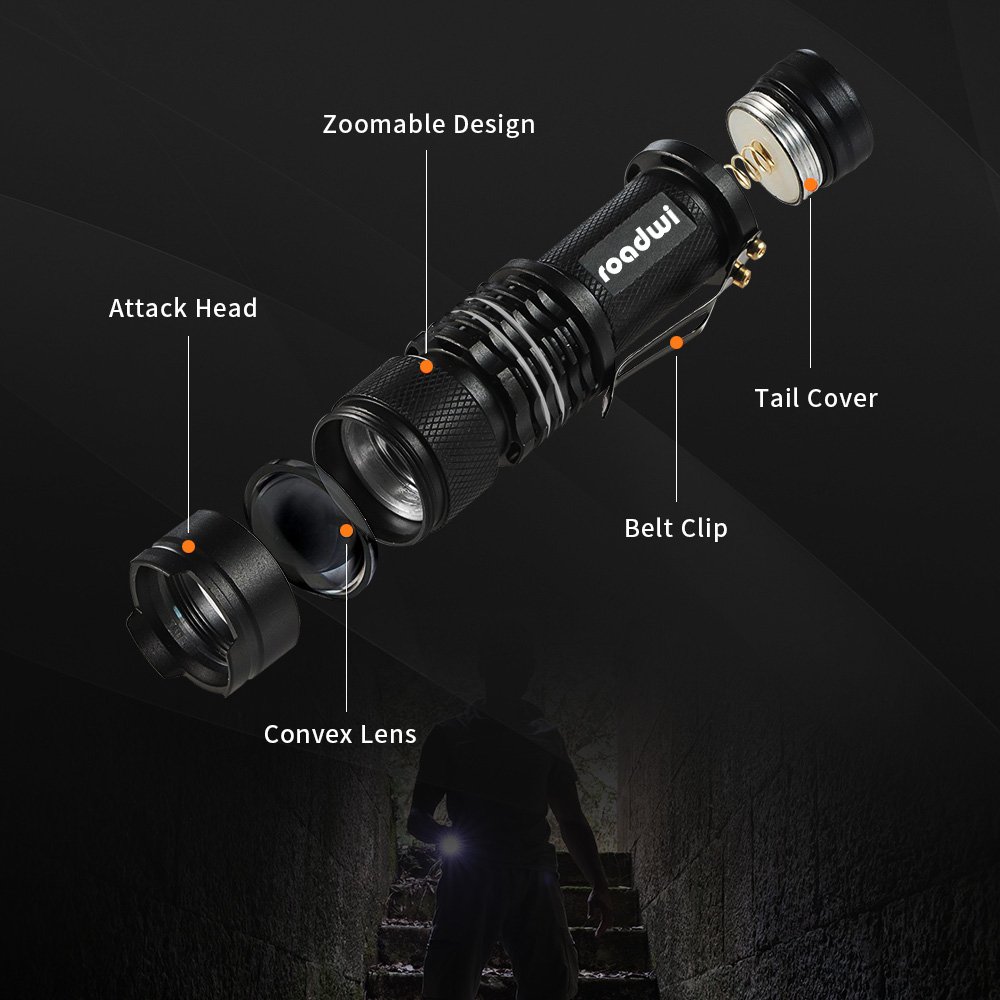 [2 PACK] Roadwi Mini Taschenlampe, Zoomable LED Taschenlampe, 3 Leuchtmodi, IP44 wasserdicht, LED Camping Lampe, Outdoor Lampe für Camping, Outdoor, Wandern, Laufen, Radfahren, Angeln, Abenteuer