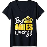 Womens Big Aries Energy Zodiac Sign Birthday Queen Squad V-Neck T-Shirt