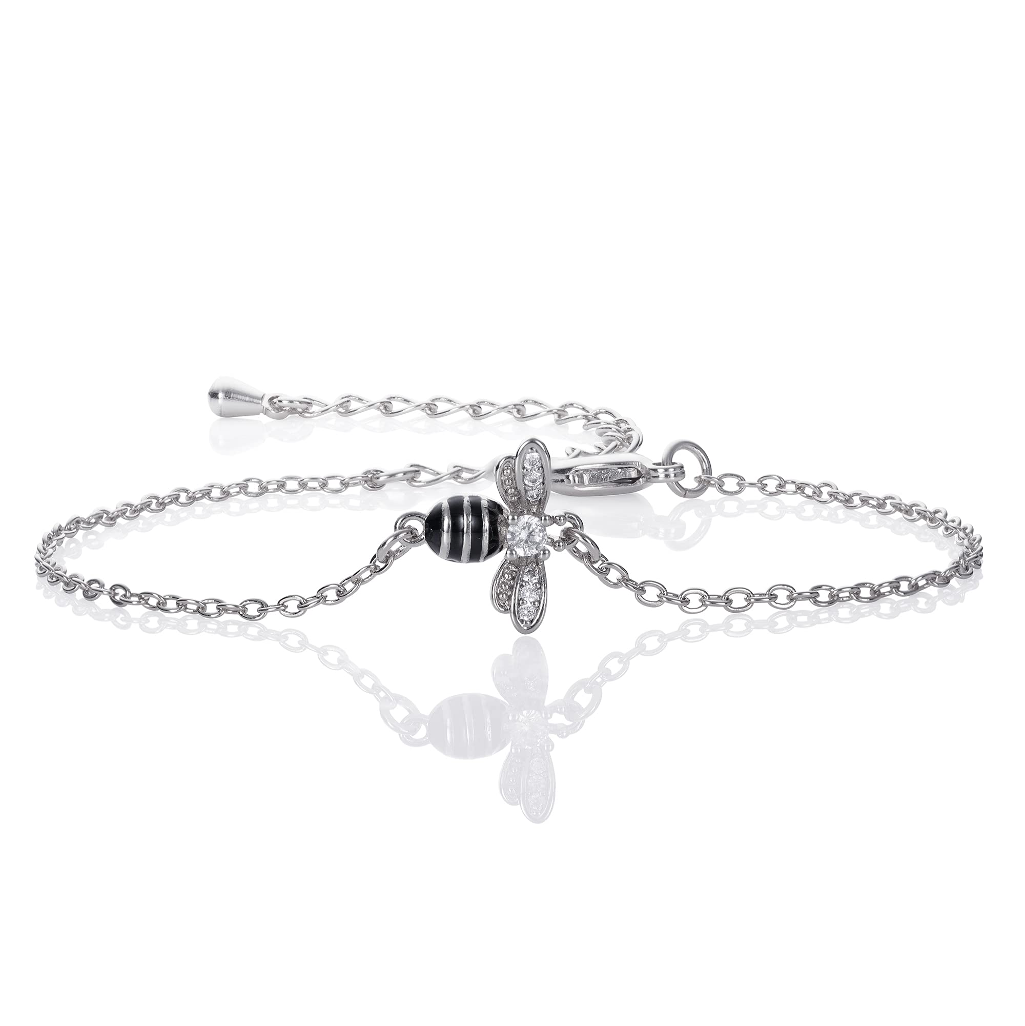 namana Bumble Bee Bracelet for Women and Girls. Cute Silver Bracelet with Cubic Zirconia and Black Enamel. Bumble Bee Jewellery Gift for Women