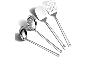 ReaNea Stainless Steel Kitchen Utensils Set, 4-Piece – Slotted Turner, Solid Turner, Skimmer & Ladle – Rust-Resistant, Long H