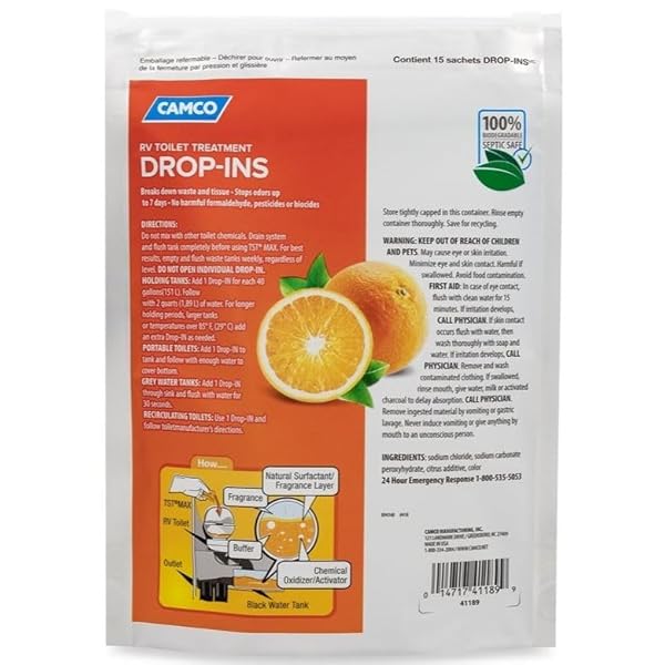 CAMCO TST MAX RV TOILET TREATMENT DROP-INS – CONTROL UNWANTED ODORS AND BREAK DOWN WASTE AND TISSUE – SAFE SEPTIC TANK TREATMENT – ORANGE SCENT – 15-PACK (41189)