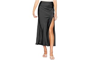 Letfool Womens Satin Silk Maxi Slit Skirt Lightweight Solid Color High Waisted A Line Wedding Casual Ladies Skirts Trendy