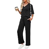 LOMON Women's 2 Piece Lounge Pajama Sets Soft 3/4 Sleeve Tops and Wide Leg Pants Loose Casual Outfits with Pockets