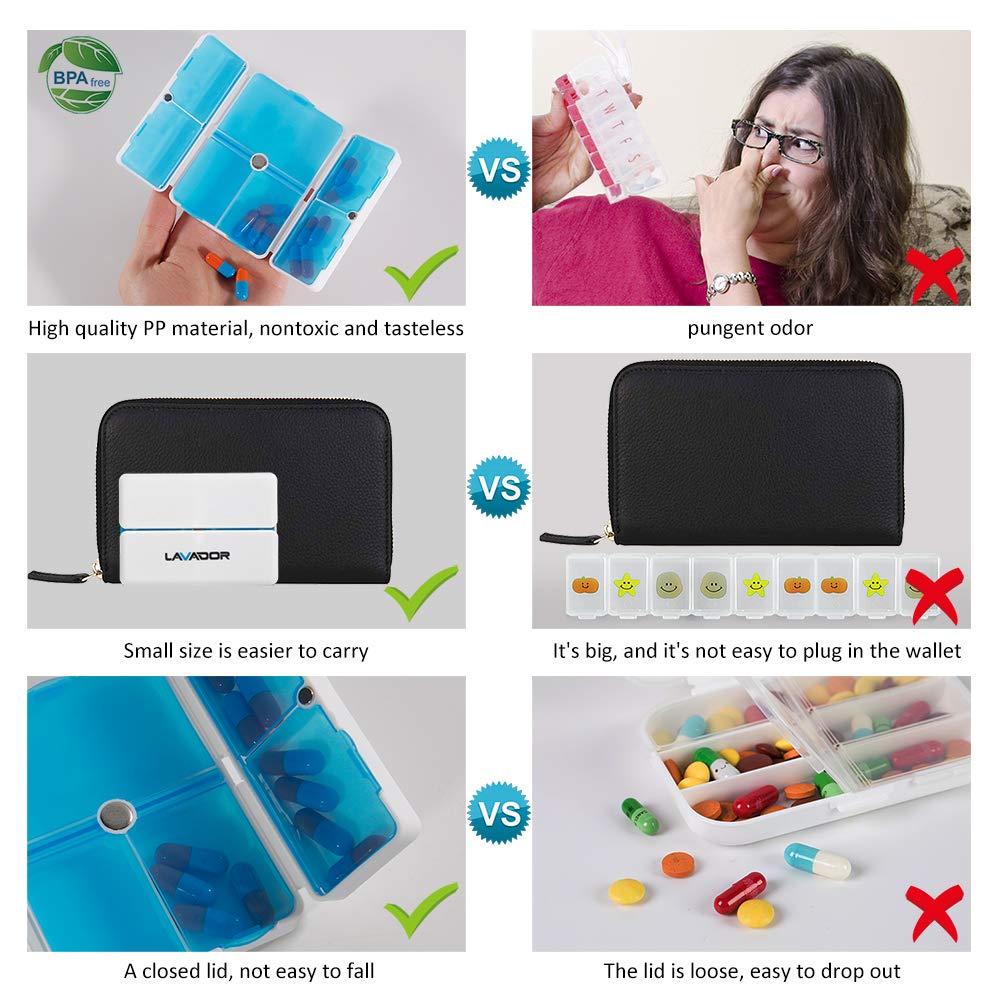 Pill Case,Portable Magnetic Foldable Pill Organizer with 7 Compartments Perfect for Pocket or Purse,Travel Pill Box for Pills/Vitamin/Fish Oil/Supplements (2 Pack) (Blue)