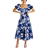 GOLDSTITCH Women's Smocked Maxi Dress Square Neck Ruffle Hem Puffy Short Sleeve Flowy Midi Dress
