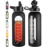 CIVAGO 40 oz Glass Water Bottle with Straw and Handle, Large Sports Motivational Water Bottle Flask with Time Marker and 2 Lids, Leakproof Water Jug Canteen with Silicone Sleeve for Gym,Black