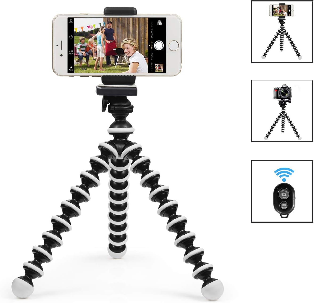 Sweego Phone Tripod, Flexible Cell Phone Holder with Wireless Bluetooth Remote, Adjustable Octopus Style Camera Stand Mount, Compatible with iPhone & Android Phones, Sport Camera, GoPro Devices