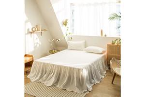 BISELINA French Linen Bed Skirt with Pleated Frills 18-Inch Tailored Drop Natural Flax Cotton Blend Dust Ruffle Soft Cozy Farmhouse Bedding (18" Queen, Ruffle White)