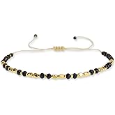 Agriajun Natural Stone Gold Beaded Bracelets for Women Girls, Handmade Healing Energy Crystal Blak Gemstone Beads Adjustable Braided Dainty Bracelet Fashion Christmas Friendship Jewelry Gift