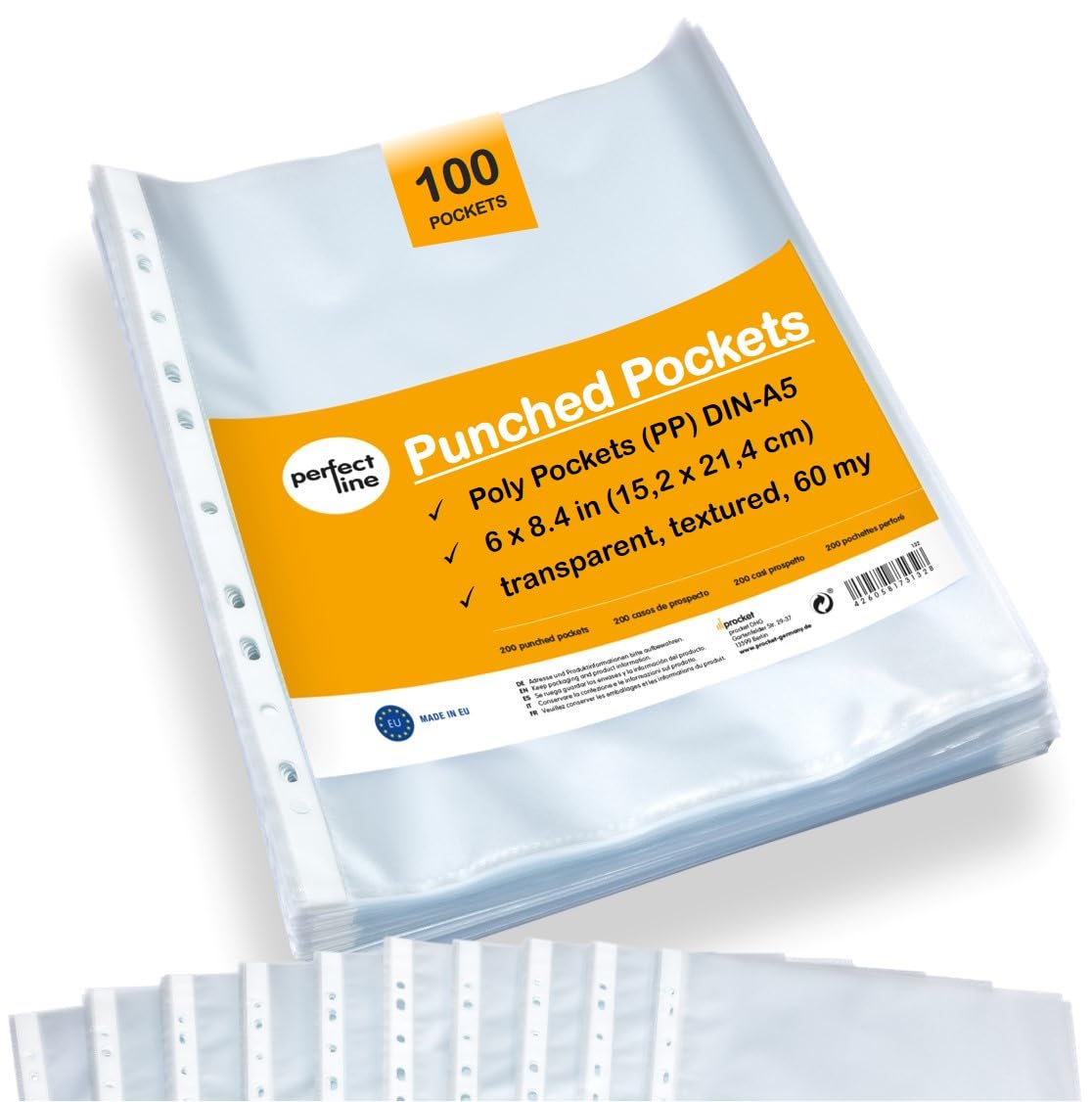 perfect line - 100 Poly Pockets A5 - Punched Pockets - Plastic Sleeves for A5 Paper - polypockets Clear DIN-A5, Transparent, matt, Document-Proof, Acid-Free - Made in EU