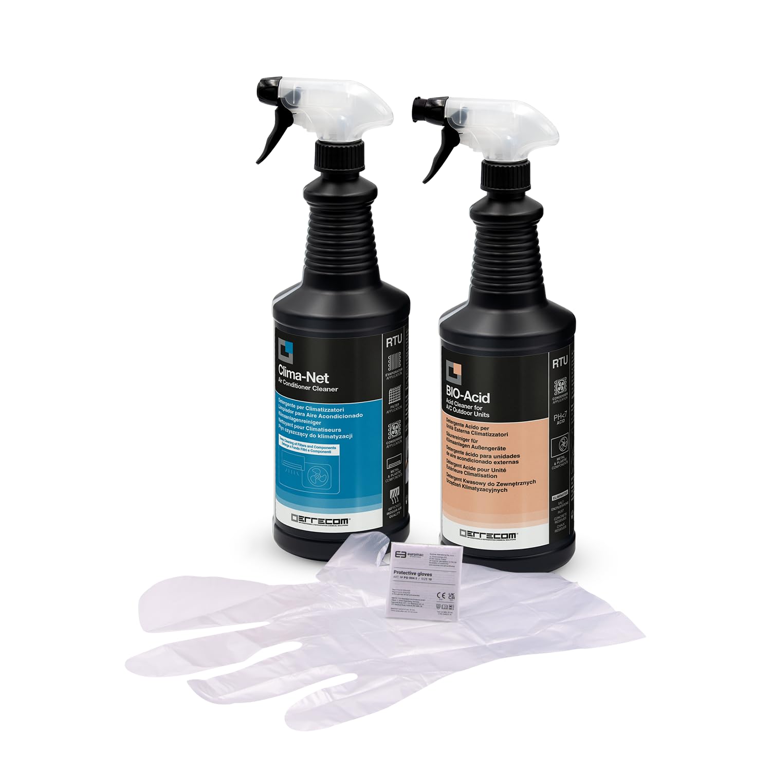 ERRECOM Cleaning Kit for Air Conditioners, includes 1 L bottle of Clima-Net, A/C Filter and Evaporator Cleaner, 1 L bottle of BIO-Acid, Acid Cleaner with Biodegradable Surfactants, Gloves